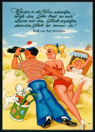 AK - Humorvolle Strandszene Paar, Fernglas, Strandkorb Hund Comic-Stil 1950er