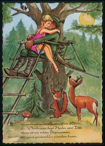 AK Hochsitz im Wald ein Jäger in grüner Uniform - blonde Frau in violettem Kleid