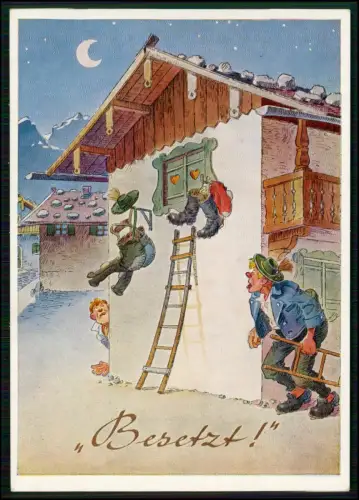 AK Bayern Alpen Humorkarte - Besetzt Tracht Männer Leiter Fenster Nacht Szene