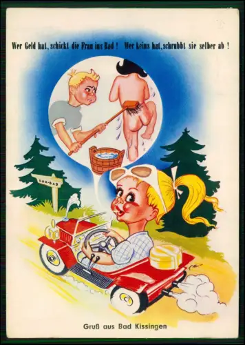 AK Humor-Karte - Karikatur Mann schrubbt nackte Frau Rücken – Kurort Satire