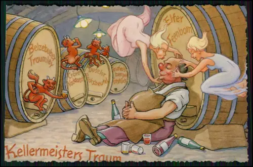 AK Königssee Kellermeister Traum humorvolle Weinszene mit Feen u. Teufel Fässern