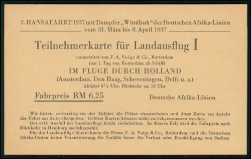 4x Karte Landausflug Holland BE  1937 Hansa-Fahrt Windhuk Deutsche Afrika-Linien
