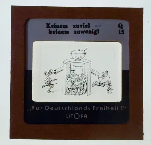 Dia im Rahmen 5x5cm - Firma Litofa - Karikatur Keinem zuviel — keinem zuwenig!