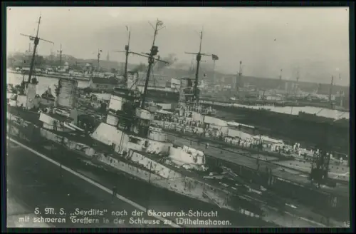 Foto AK 1.WK Wilhelmshaven Kreuzer SMS Seydlitz n. Skagerrak beschädigt Schleuse