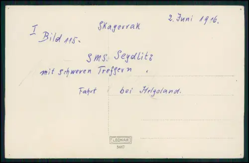 Foto AK 1.WK bei Helgoland Kreuzer SMS Seydlitz Skagerrak schwer beschädigt 1916