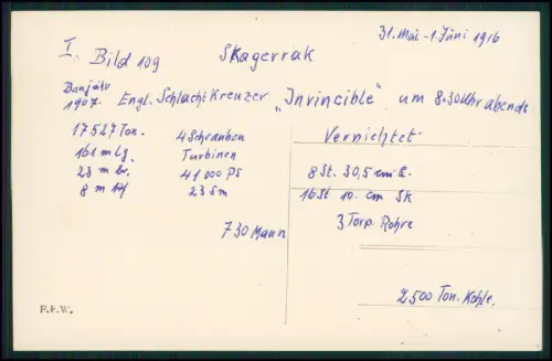 AK 1.WK - Skagerrak Englischer Schlachtkreuzer HMS Invincible 1916 - Foto Finke