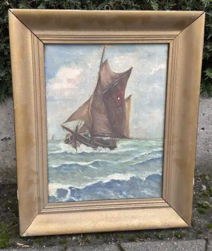 Marine Ölbild Segelschiff Szene um 1900 signiert Öl auf Leinen Original 54x43 cm