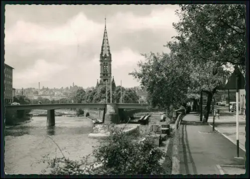 Foto AK - Pforzheim – Motiv Enz und Nagold mit markanter Brücke und Stadtkirche