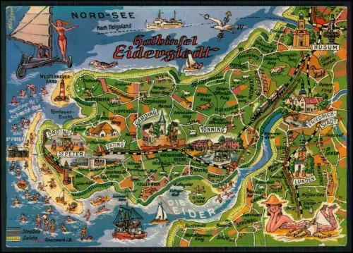 4x AK - Nordsee Husum Landkarte Halbinsel Eiderstedt und Kutsche im Wattenmeer