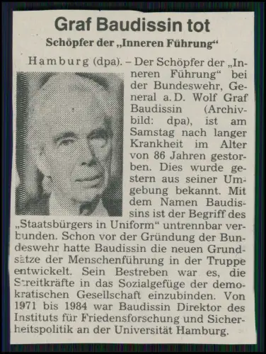 Foto 15x10cm - Porträt Wolf Graf von Baudissin - signiert Autogramm Bundeswehr