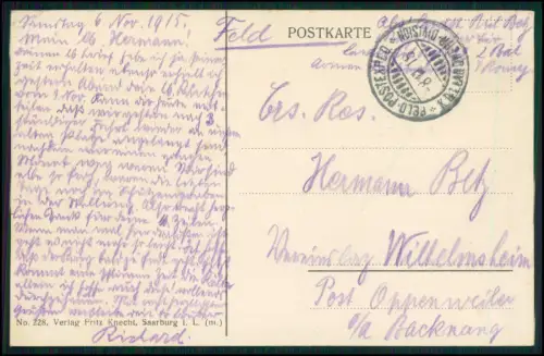 1.WK Landwehr inf. Rgt. 122 - Soldat R. Betz- Feldpost Nov. 1915 Bréménil Kirche