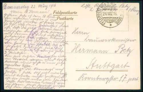 1.WK Landwehr inf. Rgt. 122 - Soldat R. Betz Feldpost März 1916 - Dun a.d. Maas.