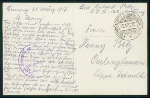 1.WK Landwehr inf. Rgt. 122 Soldat R. Betz Feldpost März 1916 Grandham Grand Est