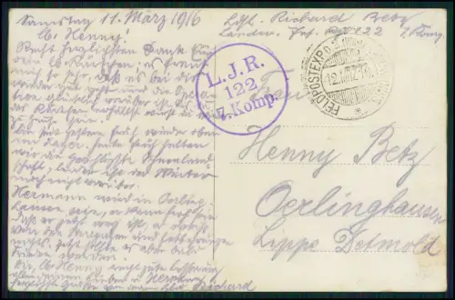 1.WK Landwehr inf. Rgt. 122 Soldat R. Betz Feldpost März 1916 Ardennes Grand Est