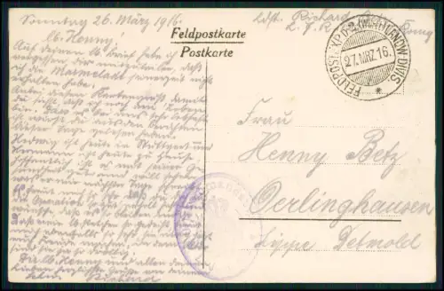 1.WK Landwehr inf. Rgt. 122 - Soldat R. Betz Feldpost März 1916 Dun Maas E-Werk