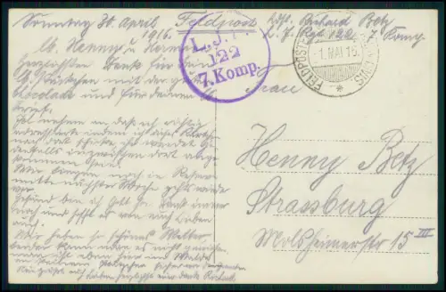 1.WK Landwehr inf. Rgt. 122 - Soldat R. Betz Feldpost Mai 1916 - Kaiser im Felde
