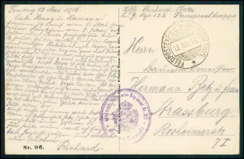 1.WK Landwehr inf. Rgt. 122 - Soldat R. Betz Feldpost Mai 1916 Malancourt Meuse