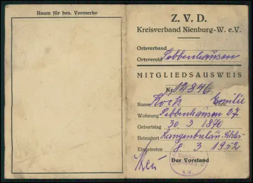 Pöbbenhausen – ZVD Kreisverband Nienburg W eV. Originaler Mitgliedsausweis Rath