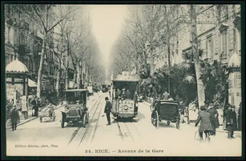 Nizza NICE - Avenue de la Gare belebt durch Straßenbahn Automobile Kutschen 1912