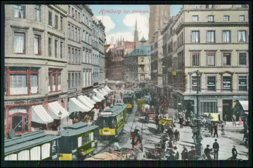AK Hamburg Großer Burstah zeigt hier eine lebendige Straßenbahn Szene 1908 gel.