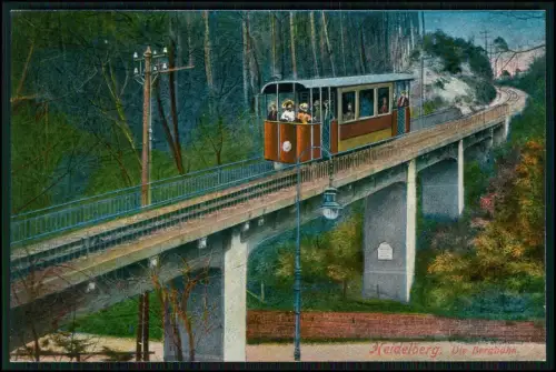 Heidelberg Bergbahn alte kolorierte Karte frühe Fahrt funikulär Waldstrecke 1895