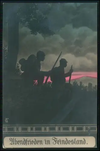 1.WK Abendfrieden in Feindesland Silhouetten 2 Soldaten Sonnenuntergang 1917 gel