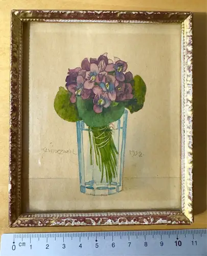 Aquarell - Blumenstrauß im Glas - Goldener Rahmen 13x11cm - signiert Ja - 1932