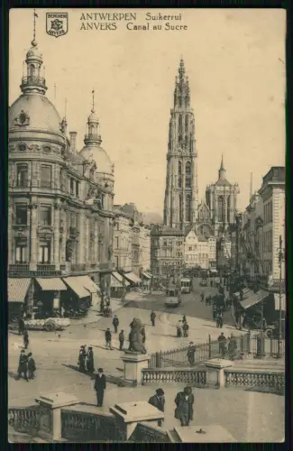 AK 1. WK ANTWERPEN Suikerrui Kanal mit Kathedrale Straßenbahn Feldpost 1917 gel.
