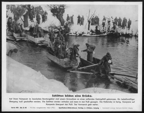 Bosnien Schlitten bilden eine Brücke - Grenadiere Gebirgsfluss Ostfront PK Foto