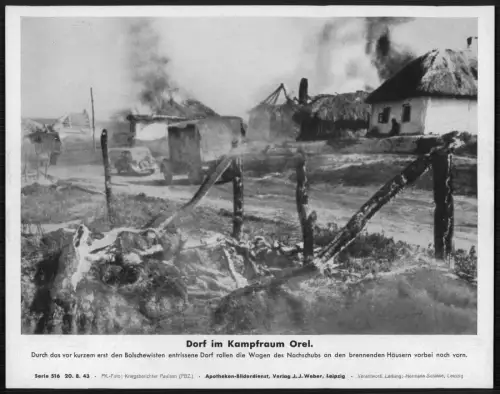 Orel Dorf Kampfraum Zerstörte Dorfbebauung mit brennenden Häuser Kampfhandlungen