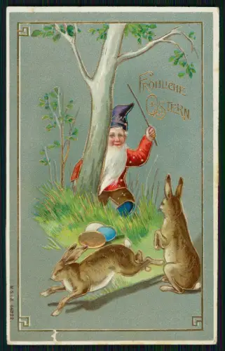 AK Ostern - Feine Goldprägung - Zwergfigur hinter Baum mit Hasen - 1910 gelaufen