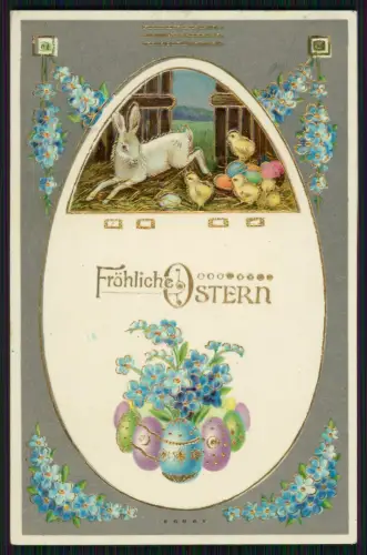 AK Ostern - Feine Goldprägung - Osterei mit Hasen Küken Blumen - 1910 gelaufen