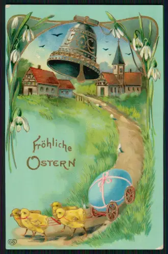 AK Ostern - Goldprägung Dorfansicht Kirche Glocke Küken Osterei - 1910 gelaufen