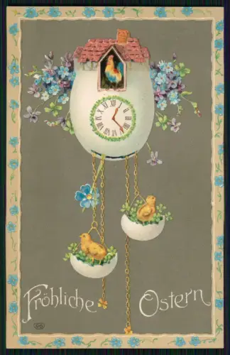 AK Prägekarte Ostern - Kuckucksuhr Blumen Küken Jugendstil Pendelmotiv 1911 gel.