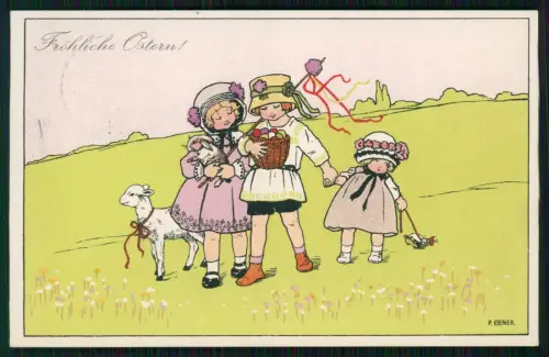 AK Fröhliche Ostern - Kinder mit Lamm im Frühling Wiesenlandschaft 1911 gelaufen