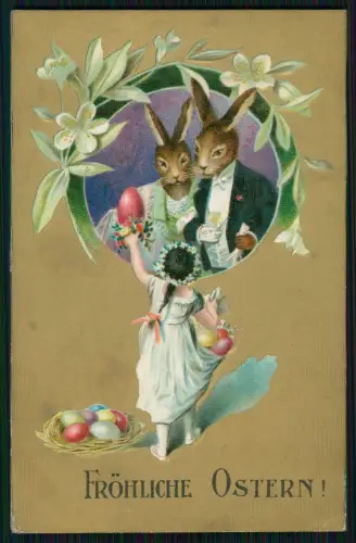 AK Ostern Goldene Prägekarte - Hasen Hochzeit Ei Blumen Jugendstil 1910 gelaufen