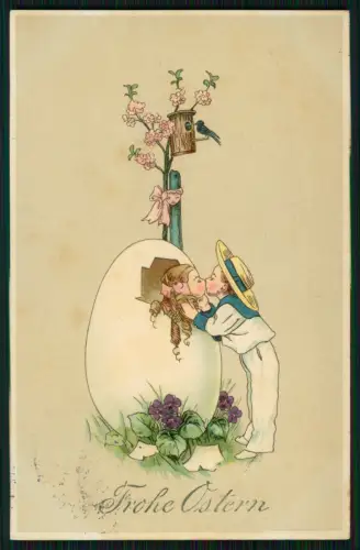 AK Ostern - Präge Farb Litho - Kinder Ei Kuss Szene Jugendstil - 1914 gelaufen