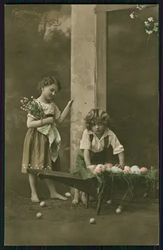 AK Ostern Litho - Kinder Eier Schubkarre koloriert Fotokarte - 1913 gelaufen