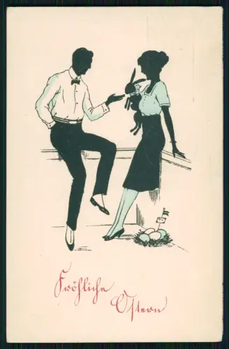 AK Ostern - Paar Silhouette Hase Eier Moderne Grafik Grußmotiv - 1922 gelaufen