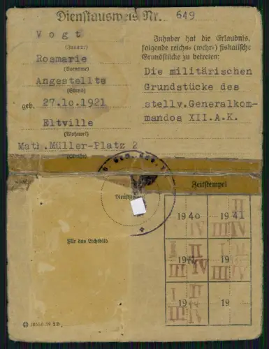 Wiesbaden - Dienstausweis Weiblich Stellvertretendes Generalkommando XII. A.K.
