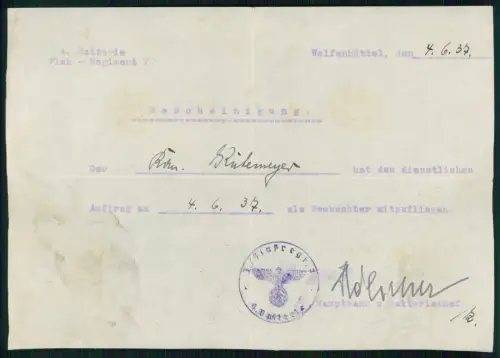 Wolfenbüttel Wehrmacht Bescheinigung 1937 Flak Rgt. 7 Auftrag Beobachter Mitflug