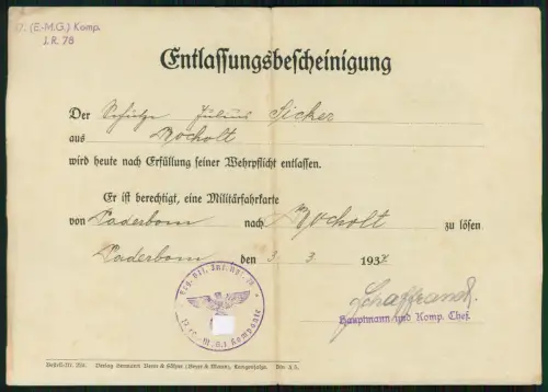 Bocholt Entlassungsbescheinigung OU Wehrmacht 1937 Julius Sicker 17.E.M.G. IR 78