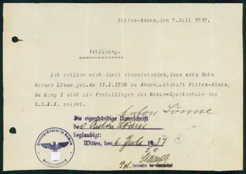 Witten Annen Erklärung mein Sohn als Freiwilliger - 1937 NSKK Motor Sportschule