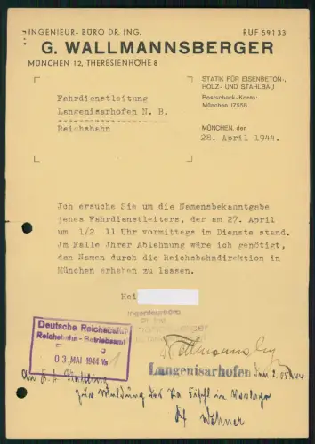 Langenisarhofen Moos -Dienstschreiben Deutsche Reichsbahn Fahrdienstleitung 1944