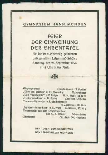 Hann. Münden Gymnasium Einweihung Ehrentafel 1954 Programm Dokument Original