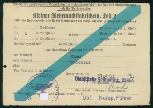 Wien Wehrmacht Fahrschein Saloniki 1941 Eisenbahn Urlaub - Arbeitsamt Soest