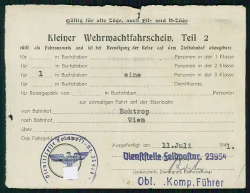 Echtrop Möhnesee Soest Wien - Wehrmacht Fahrschein Reichsbahn und Telegramm 1941