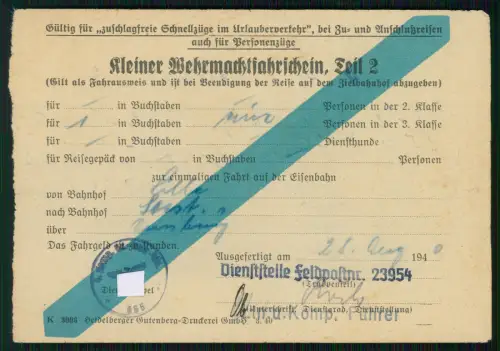 Soest Lille über Duisburg - Eisenbahn Wehrmacht Fahrschein - 1940