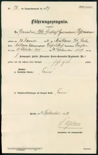 Führungszeugnis Mülheim Ruhr 1907 - Kaiser Alexander Garde-Grenadier-Regt. Nr. 1