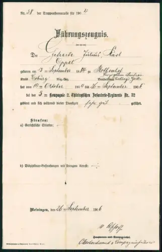 Führungszeugnis Rothenhof Rödental 1904 - 2.Thüringisch. Infanterie Regt. Nr. 32